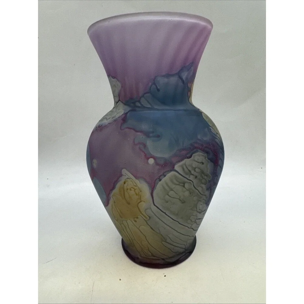 Rueven Nouveau Art Glass Frosted Hand Watercolor Painted Glass Vase Satin Matte